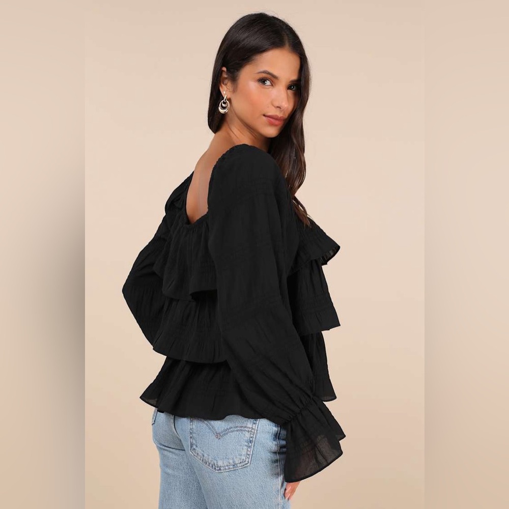 NEW! Time and Tru Black Long Sleeve off-the-shoulder Ruffle Blouse Top NWT - XL - Picture 15 of 16